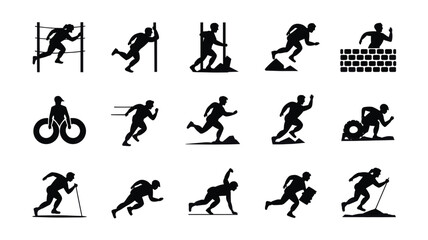 Set of 15 Black Obstacle Race Runner Silhouettes Vector Icons © MstAfroza