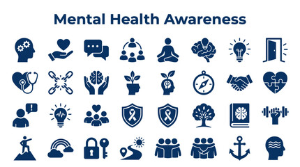 Fototapeta premium Mental Health Awareness Concept with Diverse Icons Representing Well-being, Support, and Growth