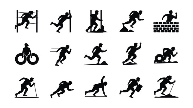 Set of 15 Black Obstacle Race Runner Silhouettes Vector Icons