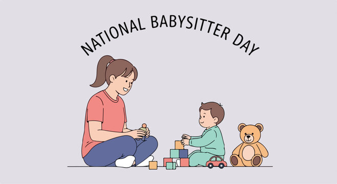 Cute illustration of a young woman babysitting two children with a teddy bear celebrating national babysitter day
