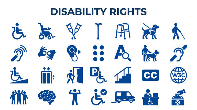 Disability rights icons and symbols representing accessibility inclusion and support for people with diverse needs and challenges