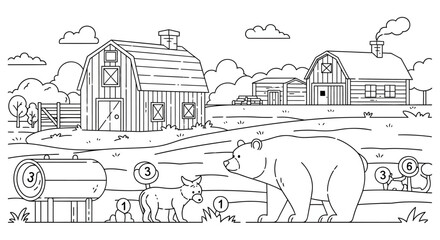 Bear stands in a rural farm yard near a large metal tank and rustic wooden barns under a sunny sky in this charming black and white line art illustration designed for educational coloring. © Masuk Sat
