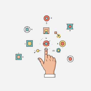 A finger interacting with a complex data processing flowchart illustration representing algorithms and various operational decision-making processes.