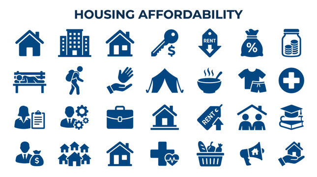 Housing affordability crisis icons illustrating cost of living challenges and economic inequality impacting shelter access