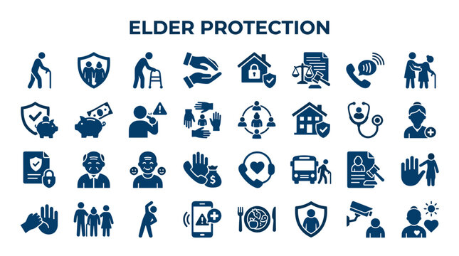 Elder Protection Icons Set Visualizing Senior Safety Care Services Support and Security With Elderly People Icons Illustrating Health and Social Well being