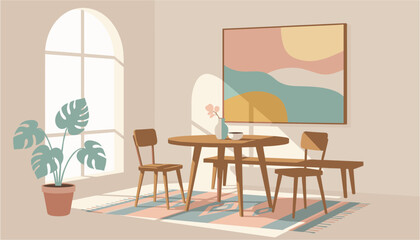 Obraz premium Modern classroom with wooden table, chairs, whiteboard and potted plant near large window