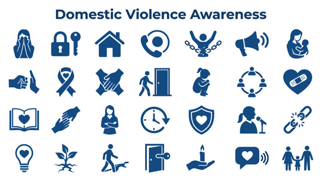 Domestic violence awareness icons and symbols representing support protection and ending abuse against women and children family safety concept