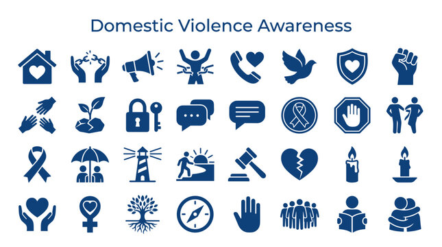 Domestic Violence Awareness Icons Set Representing Support Protection Help and Social Issues