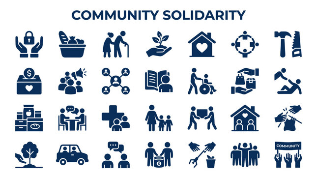 Community solidarity and support icons set representing unity, helping hands, and social services for a better society