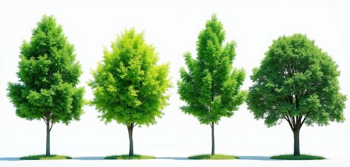 Fototapeta premium Four green trees stand in a line on a white background. Each tree is different in shape and size. They have full leafy canopies and visible trunks and branches.