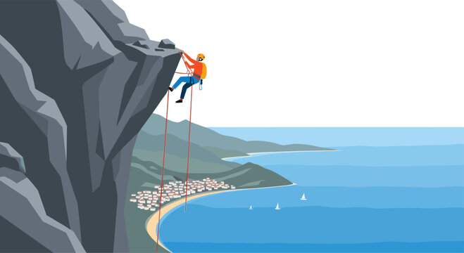 Adventurous man rappelling down a rocky cliff face with a scenic coastal village and ocean in the background.