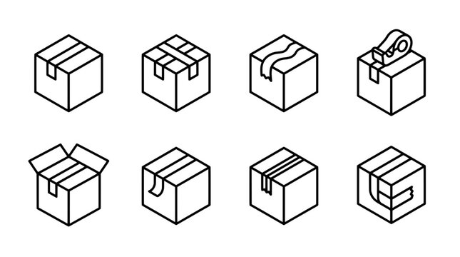 Set of outline icons depicting various packaging and shipping boxes
