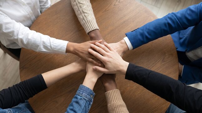 Diverse group of people joining hands in circle over wooden table, teamwork and unity concept