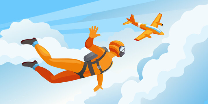 Skydiver in free fall with airplane vector illustration