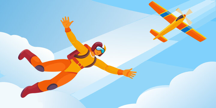Skydiver in free fall with airplane vector illustration