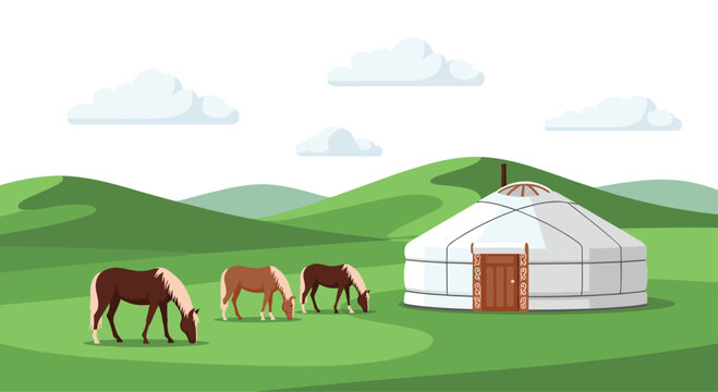 A white Mongolian yurt is situated in a vibrant green landscape of rolling hills and fluffy clouds, with three horses grazing in the foreground.