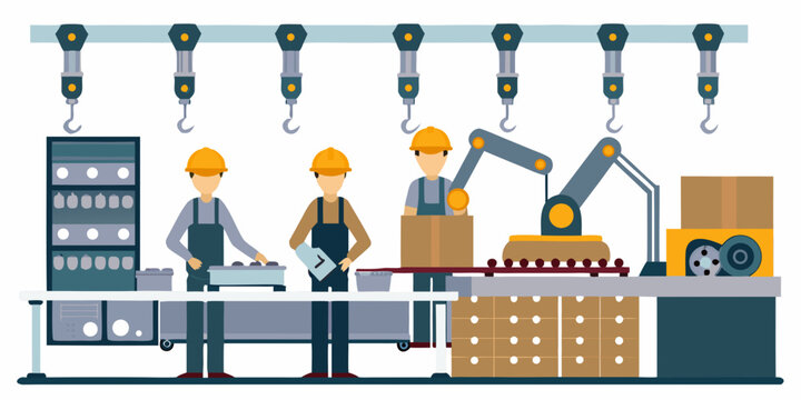 factory workers on assembly line flat vector illustration