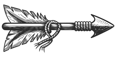 Vintage arrow sketch with feathers and rope black and white © Polash