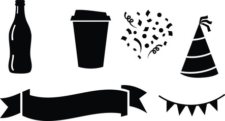 Party celebration elements confetti ribbon hat cup vector silhouette illustration set. © MDRAYHAN