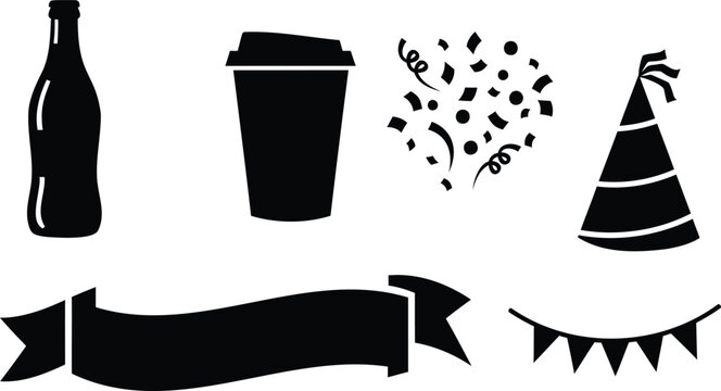 Party celebration elements confetti ribbon hat cup vector silhouette illustration set.
