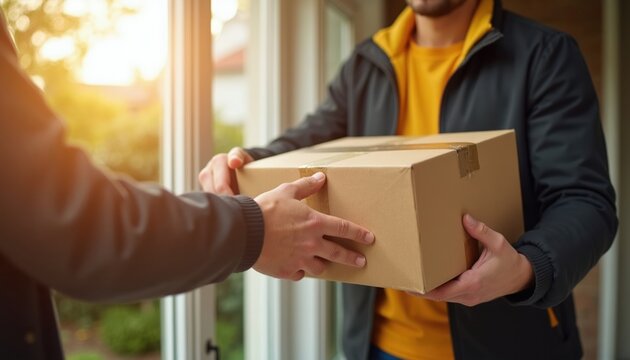 Delivery person gives cardboard package to person at house door. Customer receives parcel from courier. Online shopping and e-commerce service.
