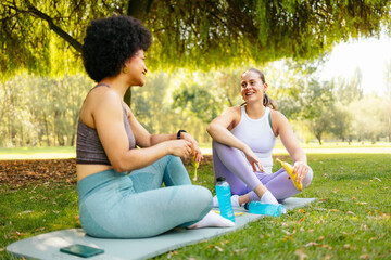 Fototapeta premium Two women relaxing on yoga mats, talking and smiling after fitness exercises outdoors