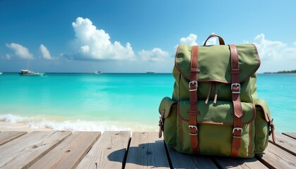 Obraz premium Green canvas backpack with leather straps sits on wooden pier. Turquoise ocean and blue sky with clouds in background. Boats float on clear water, sunny day. Ready for adventure.