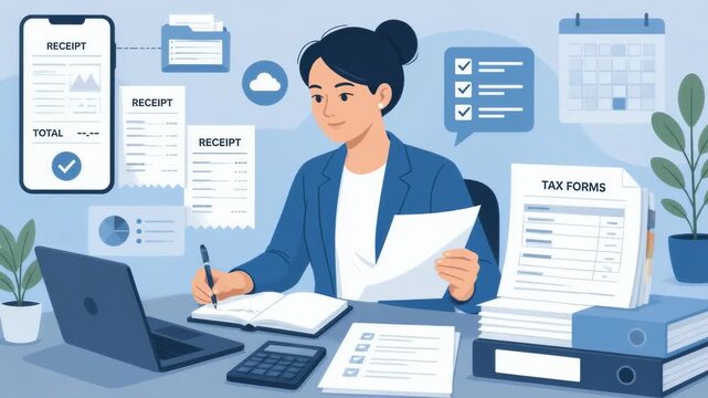 A professional woman in a blue blazer sits at her desk rhythmically writing in a notebook as she organizes tax forms and receipts for a productive day of corporate financial office management.