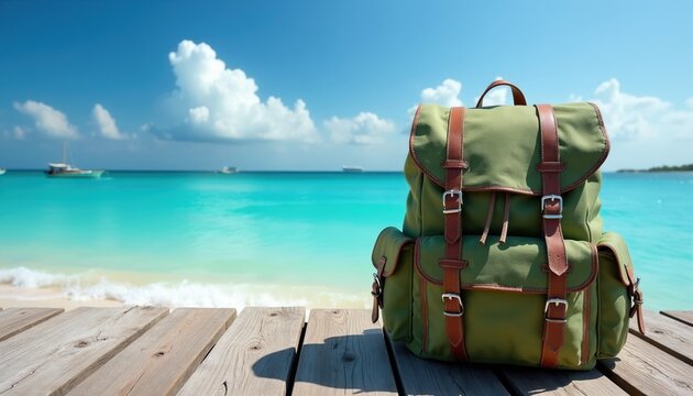 Green canvas backpack with leather straps sits on wooden pier. Turquoise ocean and blue sky with clouds in background. Boats float on clear water, sunny day. Ready for adventure.