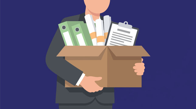 Employee leaving job carrying cardboard box with office belongings