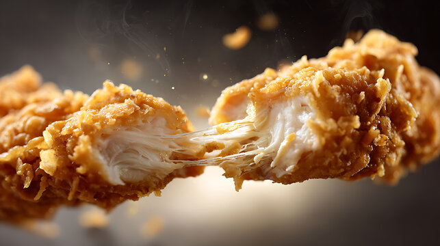 Macro Split of Crispy Fried Chicken Tender Revealing Juicy White Meat and Golden-Brown Coating with Steam and Delicious Crumbs on Dark Backdrop