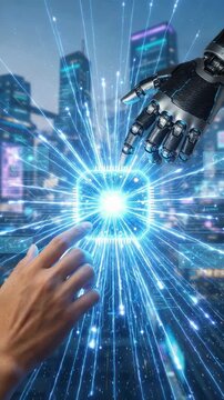 Human finger and robot finger touching glowing microchip circuit futuristic city night