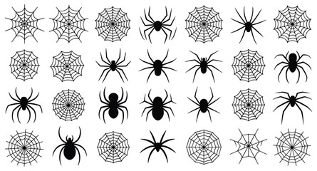 Spider and Spiderweb Pattern Design: Diverse array of spider and web illustrations for Halloween or design use. web art, creepy bug, insect illustration, halloween design, black and white spider. © SINA