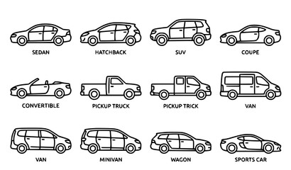 Set of twelve different car types and styles illustrated as simple icons