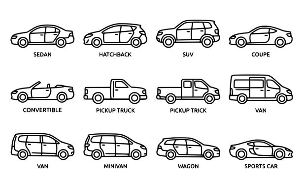 Set of twelve different car types and styles illustrated as simple icons