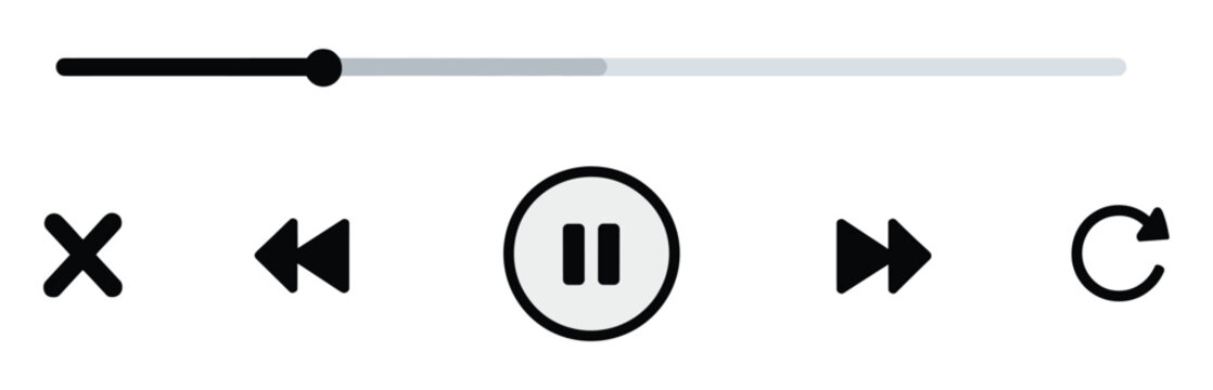 Interactive Media Player Elements: Media playback interface with pause button, rewind, and fast forward control.  digital, multimedia, video player, user interface, technology design, audio control.
