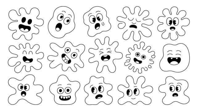 Cute Blob Characters Line Art Set  Playful Abstract Doodle Faces with Fun Emotions