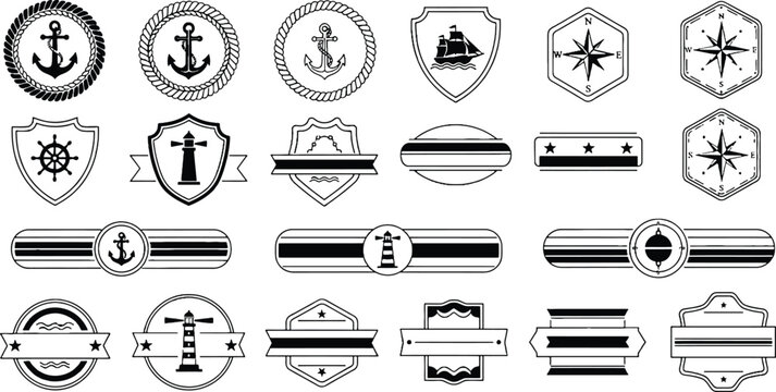 Nautical vintage badge and emblem vector set featuring anchors lighthouses sailing ships and compasses for maritime branding sea adventure travel logos and marine themed graphic design elements.