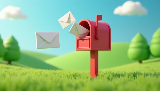 Red mailbox with envelopes flying near a green field and sky. Concept for mail service and communication. Digital messages delivered to rural area. Simple clean design.
