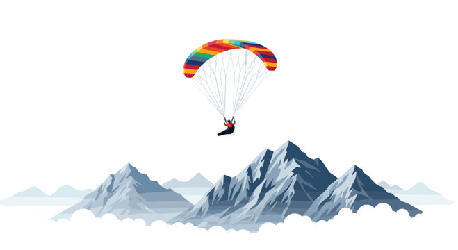 A colorful paraglider canopy navigates the air currents above a series of sharp rocky mountain ridges under a bright and clear atmospheric sky.