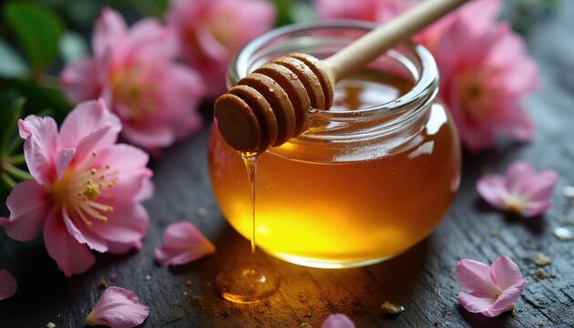 Glass jar of golden honey with wooden dipper surrounded by pink rhododendron flowers and scattered petals. Sweet natural food product with floral notes. Organic nectar freshness.