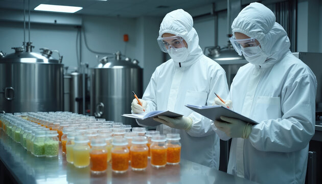 Scientists in clean suits check food samples in glass jars. They record data for quality control in a lab. Food safety testing and analysis are important.
