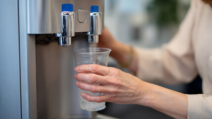 Naklejka premium Adult hold transparent plastic cup fill with refreshing clear water from office dispenser, focus on hand and beverage in corporate setting