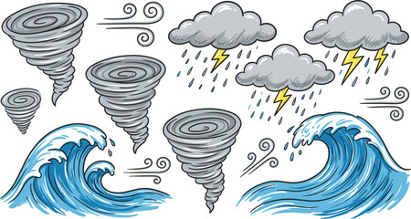 Extreme weather and natural disaster icon set with hand-drawn tornado twisters, ocean tsunami waves, lightning storm clouds, and heavy rain for climate change and emergency preparedness . © Hosneara