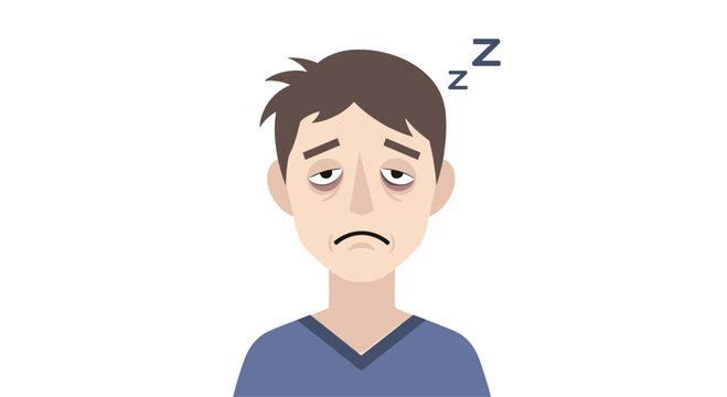 A man's face with dark under-eye circles and 'Zzz' symbols above his head looks exhausted and sleepy in a close-up portrait.