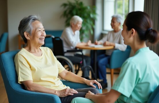 Elderly Asian woman smiles talking with nurse in assisted living facility. Another senior pair chat at table with wheelchair nearby. Residents enjoy indoor community life.