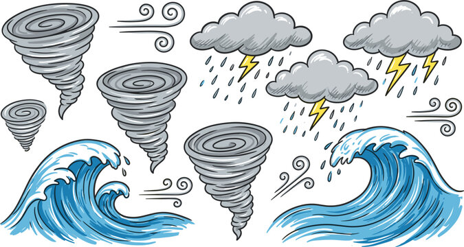 Extreme weather and natural disaster icon set with hand-drawn tornado twisters, ocean tsunami waves, lightning storm clouds, and heavy rain for climate change and emergency preparedness .