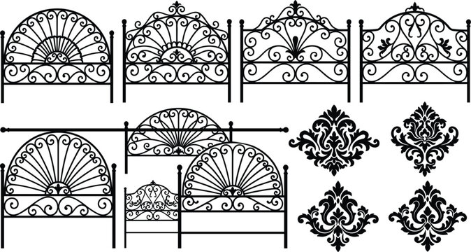Vintage wrought iron headboard and damask ornament collection featuring ornate metal bed frames, decorative scrollwork gates, and classic filigree patterns for luxury interior design and architectural