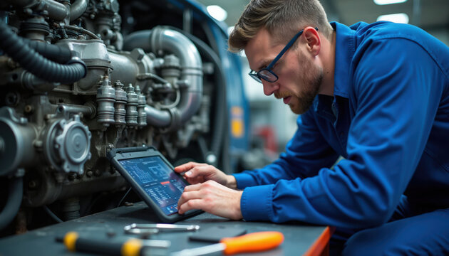 Mechanic in blue uniform checks bus engine using tablet computer. Technician diagnoses vehicle with diagnostic tool in workshop. Man repairs truck motor, works with tools, engine parts.