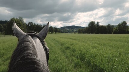 Fototapeta premium Riding a Horse Through a Grassy Field